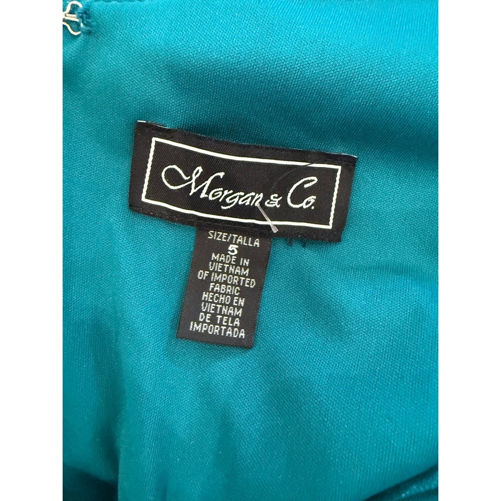 Morgan & Co Teal Sequin Mesh Corset Maxi Dress Formal Prom Gown Side Slit Size 5 - Picture 10 of 10